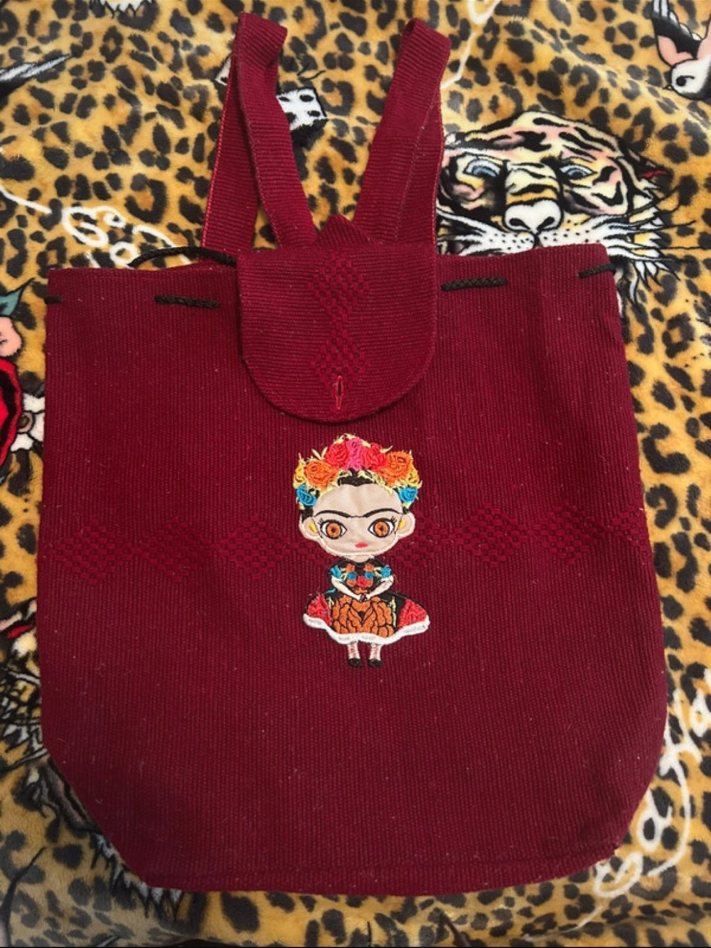 Handcrafted Maroon Women’s Knit Tote with Embroidered Frida Motif